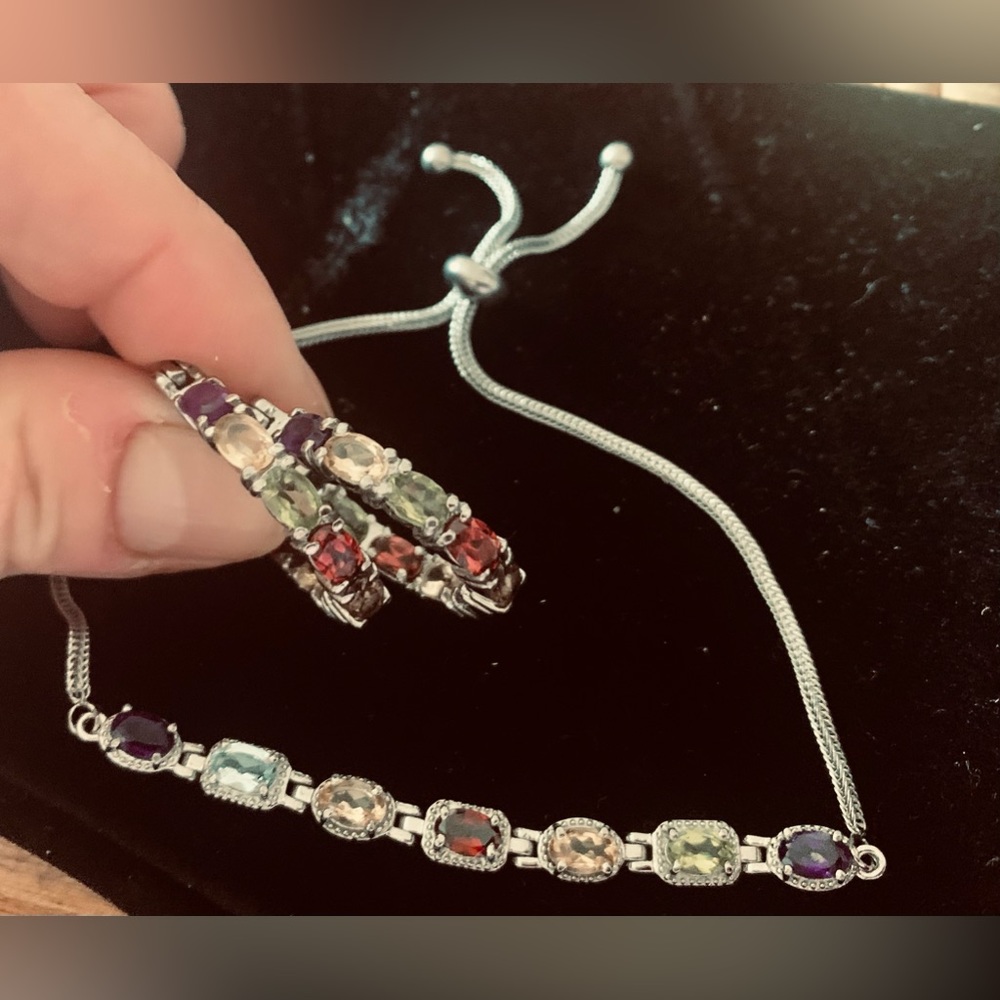 Multi Gemstone Bolo Bracelet and matching Hoop Earrings NWT